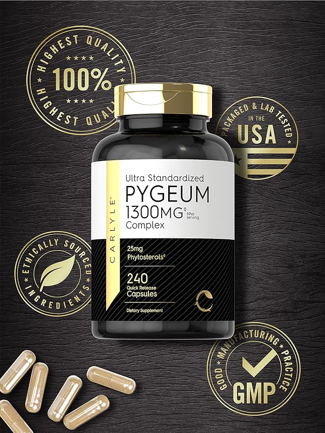 Carlyle Pygeum Supplement 1300mg | 240 Capsules | Non-GMO, Gluten Free | Africanum Bark Extract Supplement