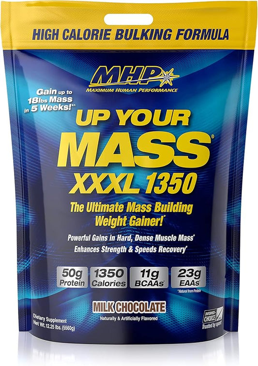 Maximum Human Performance MHP UYM XXXL 1350 Mass Building Weight Gainer, Muscle Mass Gains, w/50g Protein, High Calories, 11g BCAAs, Leucine, Milk Chocolate, 16 Servings