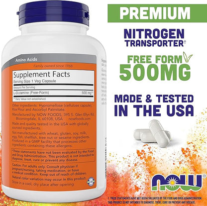 Now L-Glutamine 500mg 300 Veg Capsules - Non-GMO Supplement - Vegan Lglutamine Caps