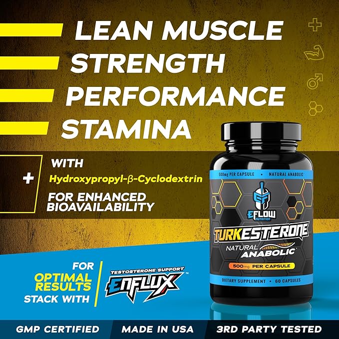 eFlow Nutrition Turkesterone Supplement for Men [Highest Purity] + Cyclodextrin for High Absorption - Increase Stamina, Lean Muscle Growth & Recovery, Boosts Drive - 3rd Party Tested (60 Capsules)