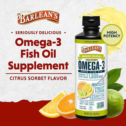 Barlean's Citrus Sorbet High Potency Omega 3 Fish Oil Liquid Supplement, 1500mg of EPA & DHA Fatty Acid, Smoothie Flavored & Burpless for Brain, Joint, & Heart Health, 16 oz