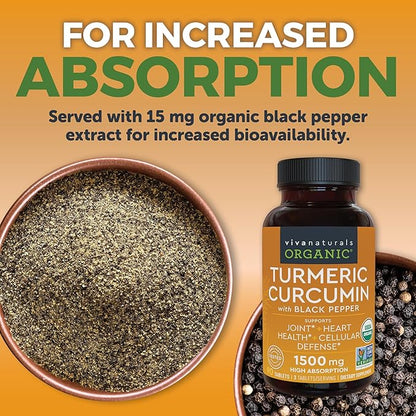 Organic Turmeric Supplement 1500 mg - Turmeric Pills for Joint Support and Cellular Defense - Turmeric Curcumin with Black Pepper for Increased Absorption - High Potency Turmeric Curcumin Supplement