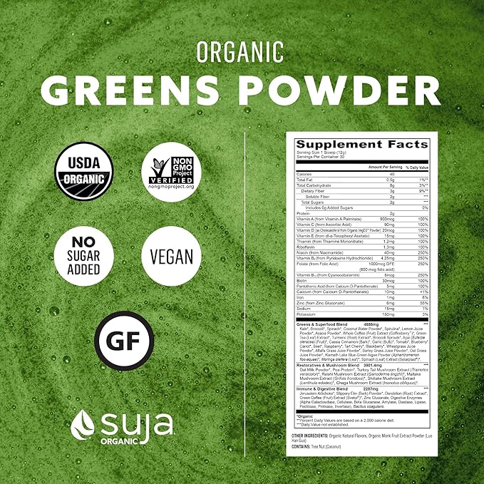 Suja Organic Greens Powder Probiotic Blend, Spirulina, Daily Superfood Drink or Smoothie Mix for Immune Support, Digestion, & Energy, Vegan, Gluten Free, Non GMO, 10 Servings