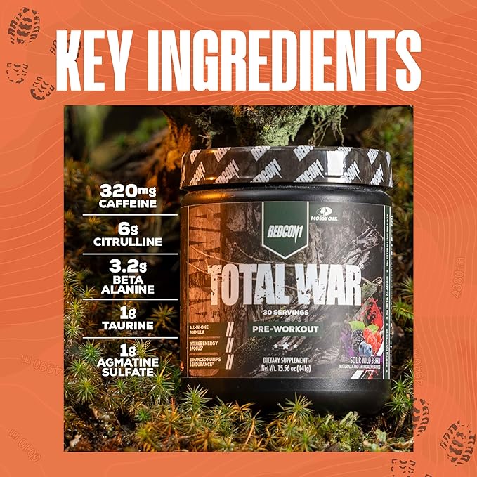 REDCON1 x Mossy Oak Total War Pre Workout Powder, Sour Wild Berry - Beta Alanine + Citrulline Malate Keto Friendly, Fast-Acting Preworkout for Men & Women with 320mg of Caffeine (30 Servings)