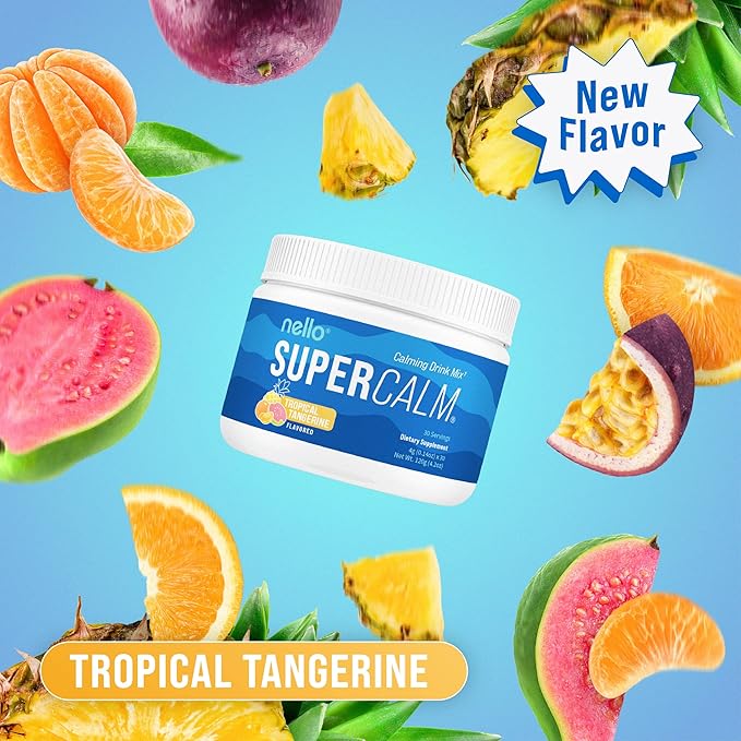 Nello Supercalm Powdered Drink Mix, Tropical Tangerine, L Theanine, Ksm-66 Ashwagandha, Magnesium Glycinate, Vitamin D 3, Supplements for Relaxation & Focus, Natural, No Sugar, Non GMO, Vegan, 30 Srvg