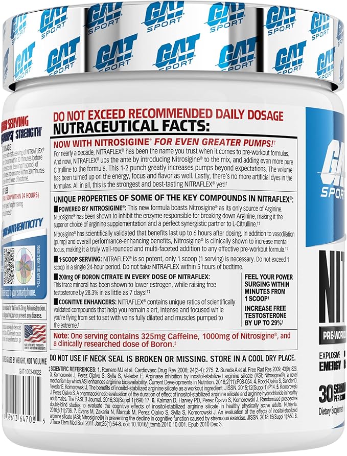 GAT SPORT Nitraflex Advanced Pre-Workout Powder, Increases Blood Flow, Boosts Strength and Energy, Improves Exercise Performance, (Blue Raspberry, 30 Servings)