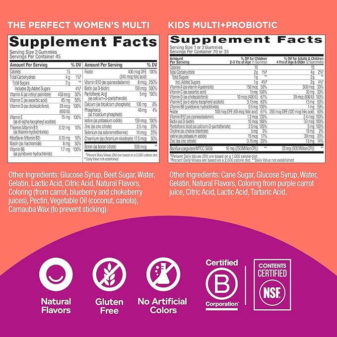 OLLY The Perfect Women's Multi and Kid's Multi +Probiotic Family Pack Gummies, 2 Count, Chewable Supplement