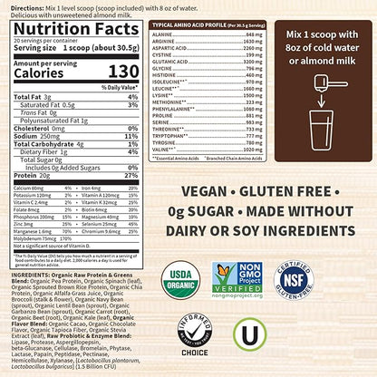 Garden of Life Raw Organic Protein & Greens - Chocolate - Vegan Protein Powder for Women and Men, Plant Protein, Pea Protein, Greens & Probiotics - Dairy Free, Gluten Free Low Carb Shake, 20 Servings