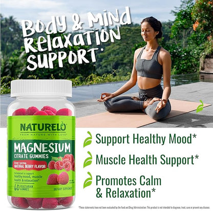 NATURELO Magnesium Citrate Gummies - for Calm & Relaxation Support, Natural Berry Magnesium Gummies, 60 Vegetarian Gummies
