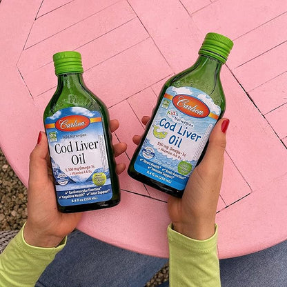 Carlson - Cod Liver Oil, 1100 mg Omega-3s, Plus Vitamins A and D3, Wild Caught Norwegian Arctic Cod Liver Oil, Sustainably Sourced Nordic Fish Oil Liquid, Green Apple, 250 mL (8.4 Fl Oz)