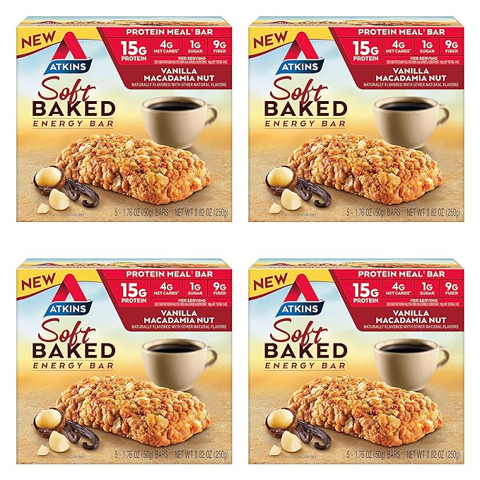 Atkins Soft Baked Energy Bars, Vanilla Macadamia Nut, 15g Protein, 1g Sugar, Excellent Source of Fiber, Low Carb, 4 Packs (5 Bars Each)