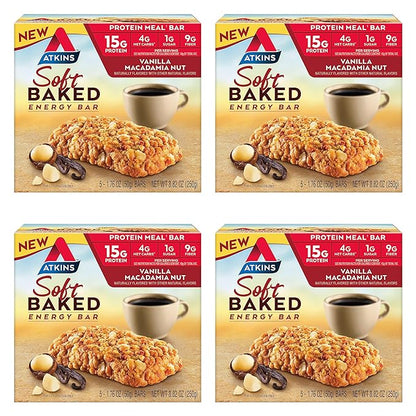 Atkins Soft Baked Energy Bars, Vanilla Macadamia Nut, 15g Protein, 1g Sugar, Excellent Source of Fiber, Low Carb, 4 Packs (5 Bars Each)