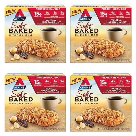 Atkins Soft Baked Energy Bars, Vanilla Macadamia Nut, 15g Protein, 1g Sugar, Excellent Source of Fiber, Low Carb, 4 Packs (5 Bars Each)