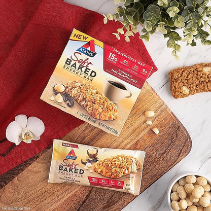 Atkins Soft Baked Energy Bars, Vanilla Macadamia Nut, 15g Protein, 1g Sugar, Excellent Source of Fiber, Low Carb, 4 Packs (5 Bars Each)