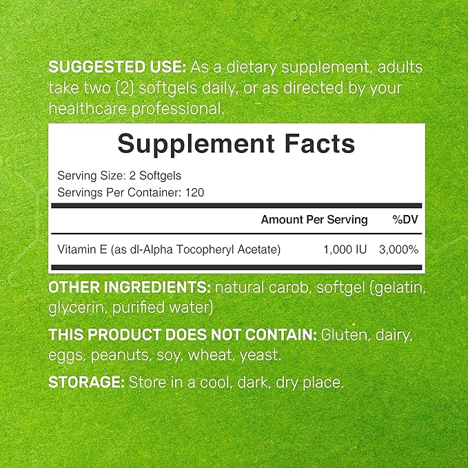 DEAL SUPPLEMENT Vitamin E Supplements, 1,000 IU Per Serving, 240 Softgels – Extra Strength Antioxidant Protection – Bioavailable Stable Form – Skin, Heart, Brain, & Immune Support – Non-GMO