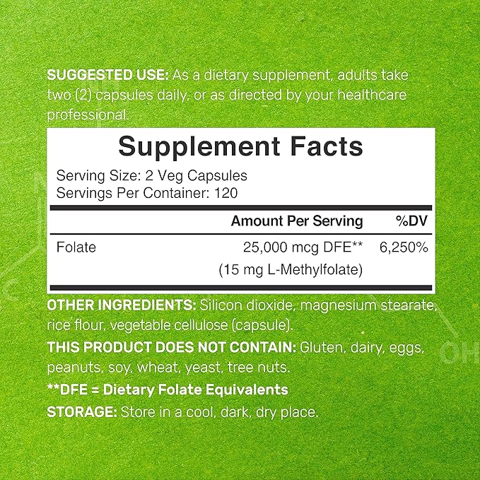 DEAL SUPPLEMENT L Methylfolate 15mg Per Serving, 240 Veggie Capsules – Active Folic Acid Form (5-MTHF), Bioavailable Methylated Folate – Prenatal, Energy, & Brain Support Supplement – Non-GMO