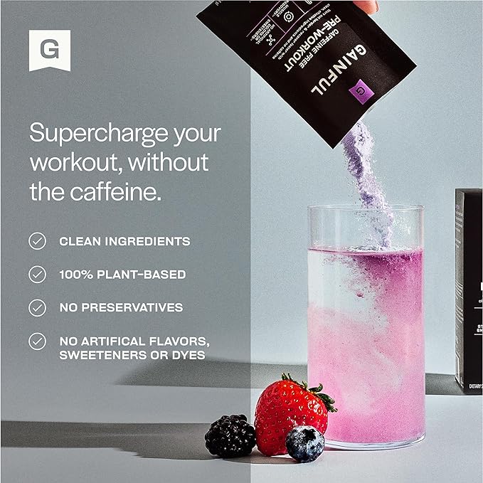 Gainful Pre Workout Powder with Creatine, Caffeine Free Clean Energy, L Citrulline and Beta Alanine for Endurance, BCAA Blend for Muscle Recovery, Vegan, Non GMO, Wild Berry, 10 Servings