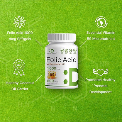 DEAL SUPPLEMENT Folic Acid 1000 mcg (1 mg), 500 Coconut Oil Softgels | Bioavailable Prenatal Vitamins (Vitamin B9) – 1,667 mcg DFE – Easy to Swallow, Non-GMO, & No Gluten