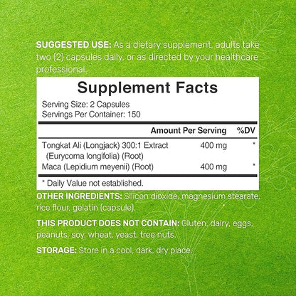 DEAL SUPPLEMENT Tongkat Ali Extract 300:1 400mg & Maca Root 400mg | 300 Capsules, Ultra Strength Longjack (Eurycoma Longifolia) + Peru Maca – Non-GMO, Herbal Supplement for Men Health, Performance