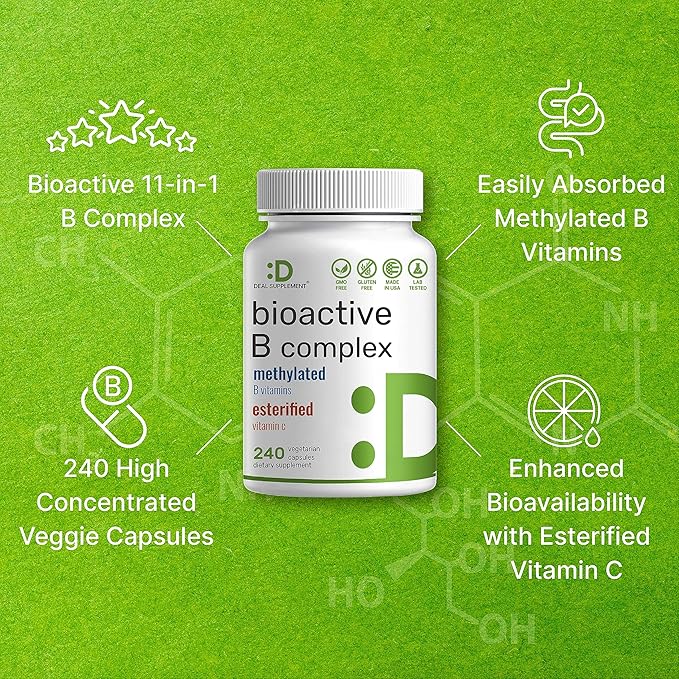 Bioactive Vitamin B Complex, 240 Veggie Capsules - Methylated Multivitamin B Complex & Esterified Vitamin C – High Potency & Easy Absorption – Immune, Energy, & Metabolism Supplement – Non-GMO