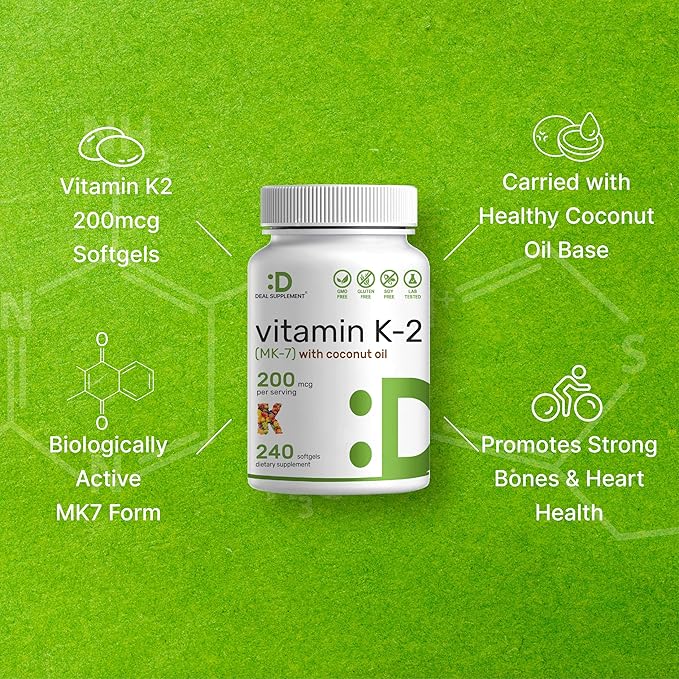 DEAL SUPPLEMENT Vitamin K2 (MK-7) 200mcg, 240 Virgin Coconut Oil Softgels | Premium Menaquinone-7 Form, Easily Absorbed Vitamin K Supplement – Bone, Joint, & Immune Support – Non-GMO