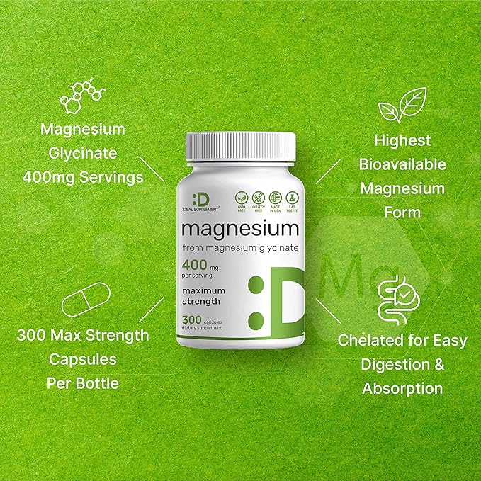 Magnesium Glycinate 400mg | Elemental Magnesium - 300 Capsules | Chelated for Easy Absorption | Highly Purified Essential Trace Mineral for Muscle, Joint, Heart, & Immune Support