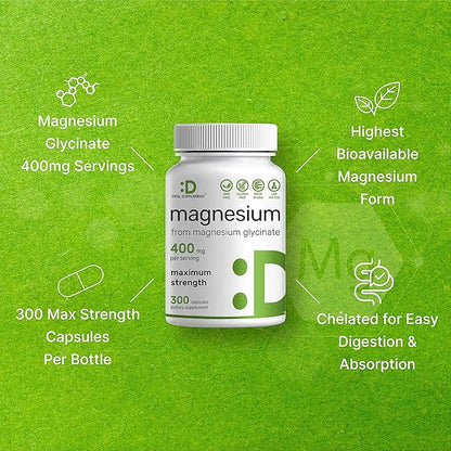 Magnesium Glycinate 400mg | Elemental Magnesium - 300 Capsules | Chelated for Easy Absorption | Highly Purified Essential Trace Mineral for Muscle, Joint, Heart, & Immune Support