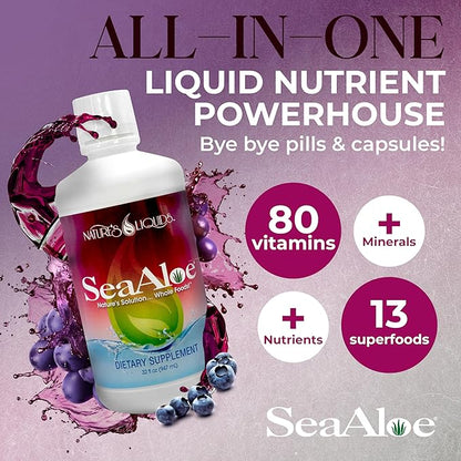 Nature’s Liquids - SeaAloe Liquid Whole Food, (32 Oz) Liquid Multivitamin and Mineral Supplement, With Aloe Vera, Sea Vegetables, Pau D’ Arco, For Digestion, Immune Support & Thyroid Function - 1 Bottle