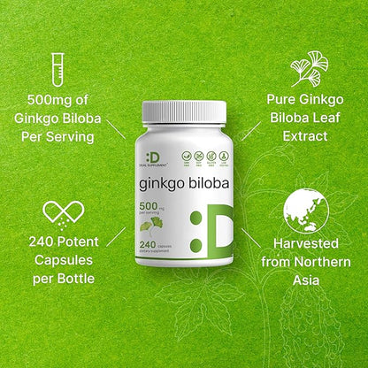 DEAL SUPPLEMENT Ginkgo Biloba 500mg Per Serving, 240 Capsules, 4 Month Supply – Grown in Northern Asia – Extra Strength, Promotes Brain Function