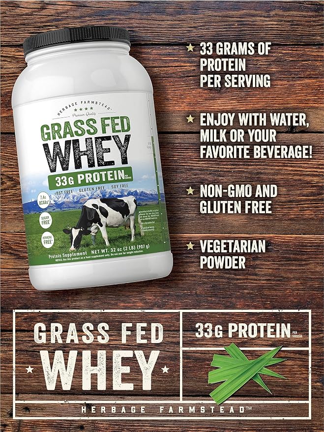 Carlyle Grass Fed Whey Protein Powder | 2lb | 33g of Protein Per Serving | Unflavored | Sugar and Hormone Free | Non-GMO and Gluten Free Supplement | by Herbage Farmstead