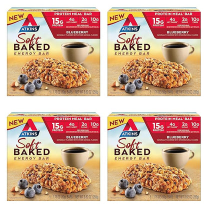 Atkins Soft Baked Energy Bars, Blueberry, 15g Protein,2g Sugar, Excellent Source & Peanut Butter Protein Cookie, Protein Dessert, Rich in Fiber, 3g Net Carb, 1g Sugar