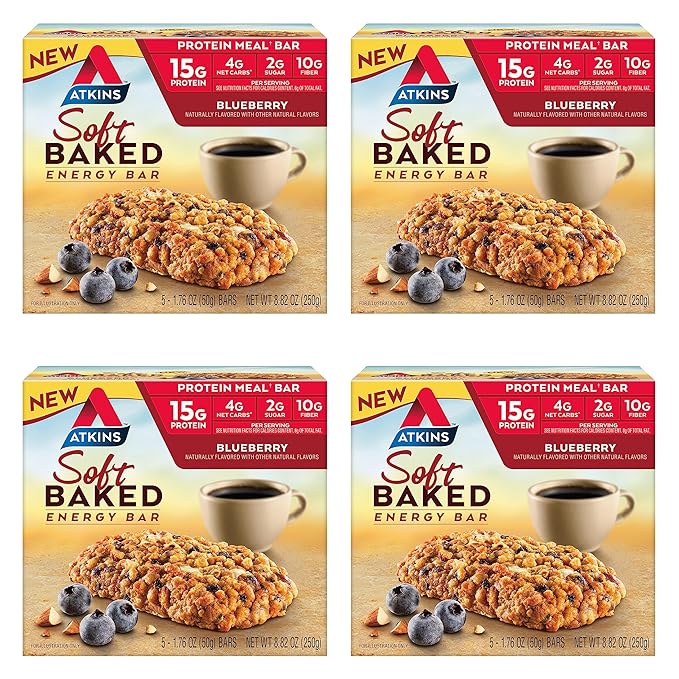 Atkins Soft Baked Energy Bars, Blueberry, 15g Protein,2g Sugar, Excellent Source of Fiber, Low Carb, 4 Packs (5 Bars Each)