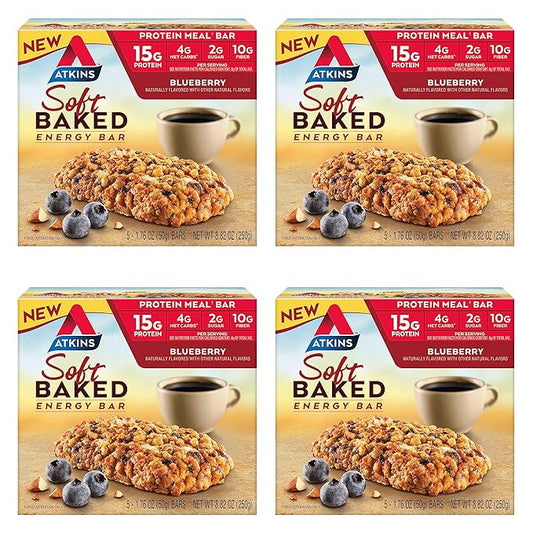 Atkins Soft Baked Energy Bars, Blueberry, 15g Protein,2g Sugar, Excellent Source of Fiber, Low Carb, 4 Packs (5 Bars Each)