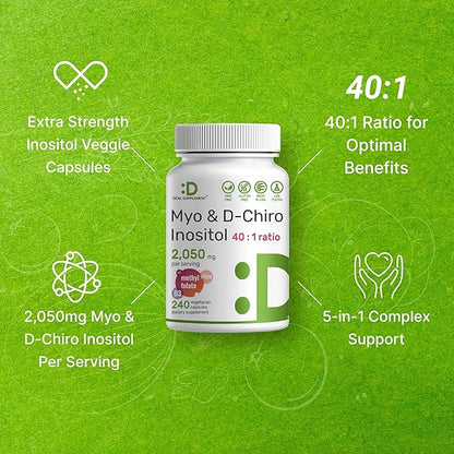 Myo-Inositol & D-Chiro Inositol Supplement (40:1) 2,050mg Per Serving, 240 Veggie Capsules – with Folate, Vitamin D3, & Vitex Complex – Women Health Supplements – Non-GMO
