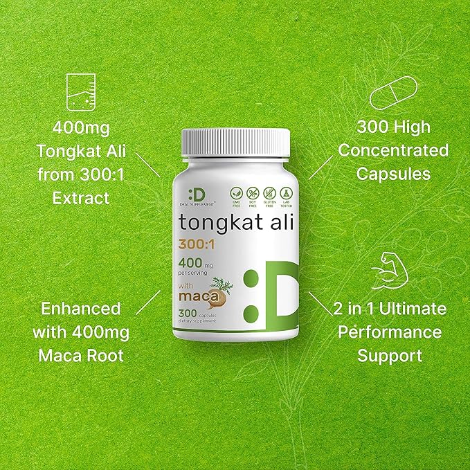 DEAL SUPPLEMENT Tongkat Ali Extract 300:1 400mg & Maca Root 400mg | 300 Capsules, Ultra Strength Longjack (Eurycoma Longifolia) + Peru Maca – Non-GMO, Herbal Supplement for Men Health, Performance
