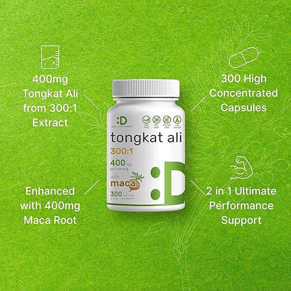 DEAL SUPPLEMENT Tongkat Ali Extract 300:1 400mg & Maca Root 400mg | 300 Capsules, Ultra Strength Longjack (Eurycoma Longifolia) + Peru Maca – Non-GMO, Herbal Supplement for Men Health, Performance