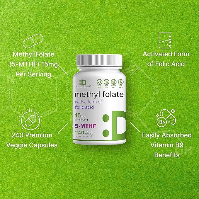 DEAL SUPPLEMENT L Methylfolate 15mg Per Serving, 240 Veggie Capsules – Active Folic Acid Form (5-MTHF), Bioavailable Methylated Folate – Prenatal, Energy, & Brain Support Supplement – Non-GMO