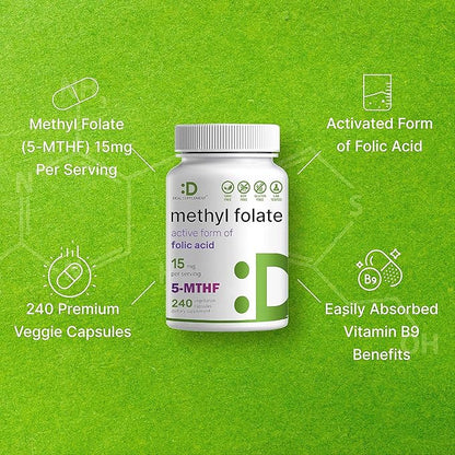 DEAL SUPPLEMENT L Methylfolate 15mg Per Serving, 240 Veggie Capsules – Active Folic Acid Form (5-MTHF), Bioavailable Methylated Folate – Prenatal, Energy, & Brain Support Supplement – Non-GMO