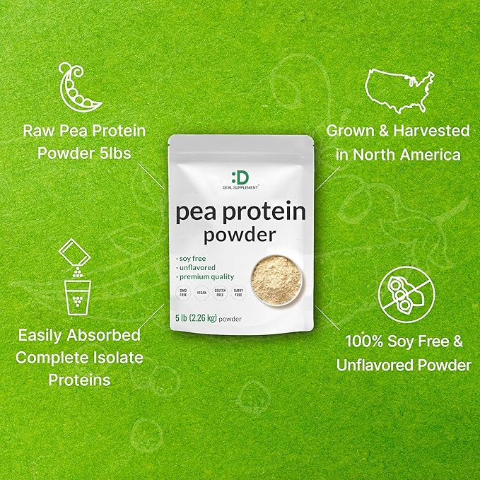 DEAL SUPPLEMENT Unflavored Pea Protein Powder, 5lbs – Premium North American Grown Peas – Easily Digested Isolate Form – Great for Shakes, Bars, or Snacks – 27g Protein Serving, Soy Free, Vegan