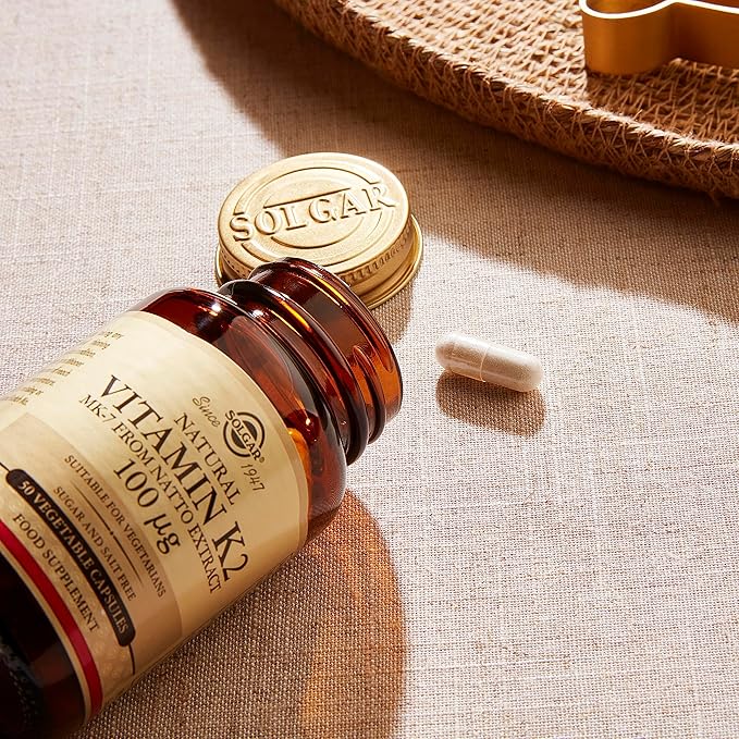 Solgar Vitamin K2 MK7 100mcg Vegetable Capsules Supports Bone Health Natural Whole Food Source from Natto Extract NonGMO Gluten Free Servings, Original, 50 Count